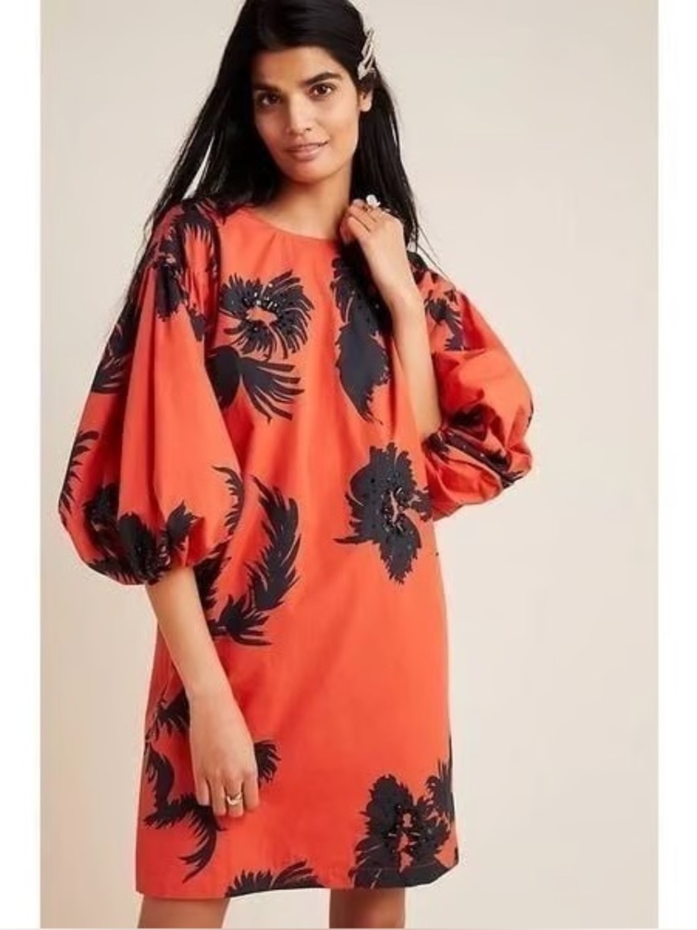 Anthropologie ATSU Balloon Sleeve Back Tie Beaded Shift Dress Red Size MP